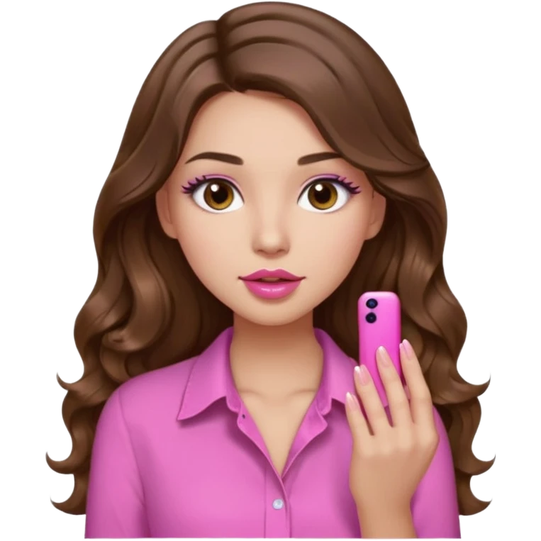 girl with long wavy brown hair, brown eyes, light to medium complexion, in a pink shirt, pink lips, long lashes, puckered lips, showing off a pink manicure emoji