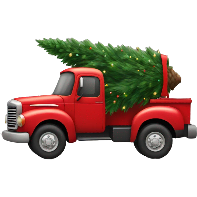 Red truck carrying a Christmas tree side view emoji