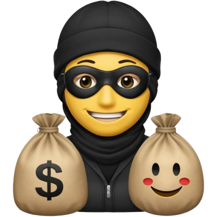 smiley robber wears black eye mask and black beanies with one money bag beside him emoji