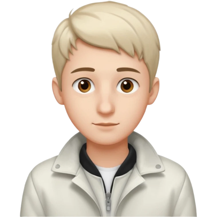 teenage man with very short gradient hair, brown eyes and long lashes, big nose and he is wear a white jacket emoji