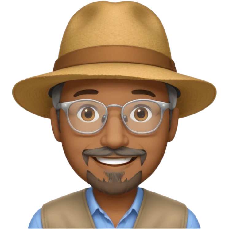 Brown man smiling not showing teeth, wide rimmed hat, clear glasses, gray goatee emoji