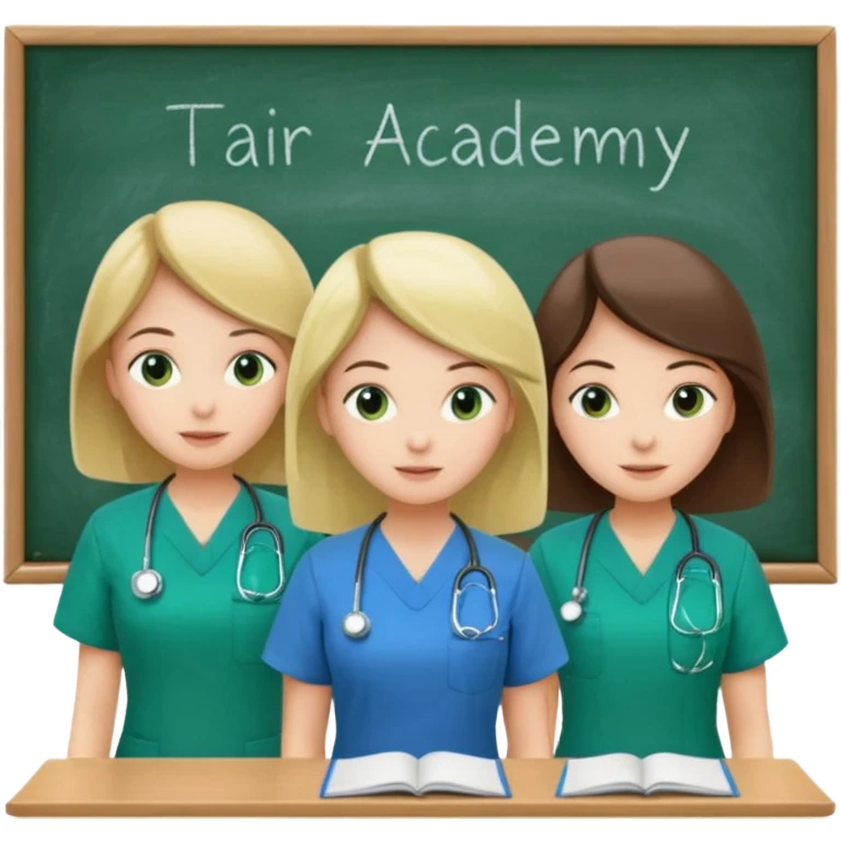 3 different nurses, wearing green and blue work clothes, in a classroom, "Academy" written in white on board emoji