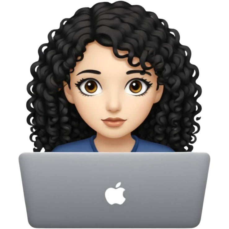 a girl typing mac book air with long black curly hair and brown eyes with winged black eyeliner emoji
