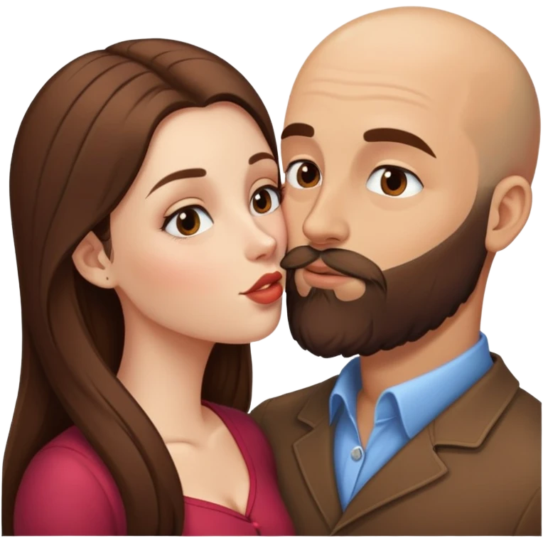 Brown bald man beard kissing brunette woman with long hair emoji