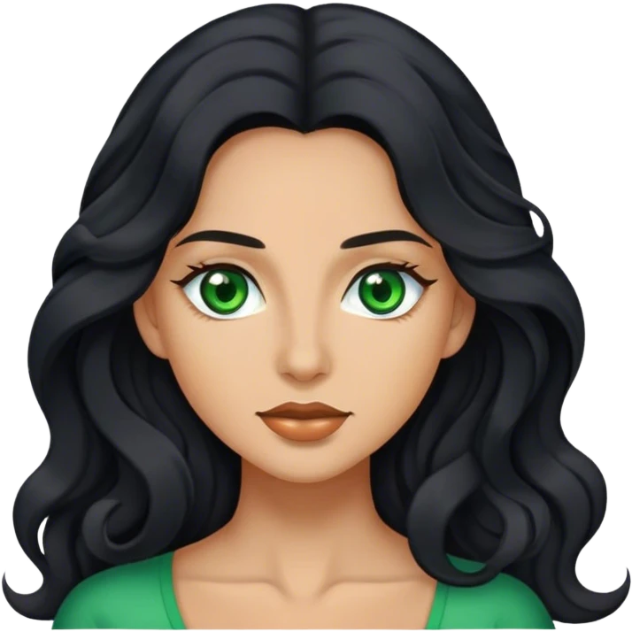 Woman with long wavy black hair and green eyes and tan emoji