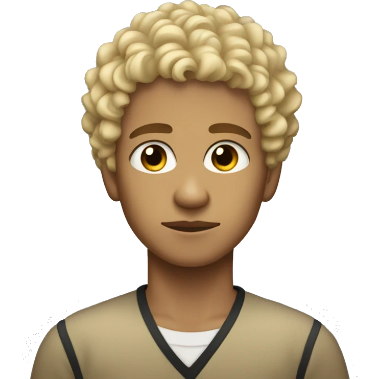 black eyes, very very curly blonde short hair, boy, tan skin, serious face emoji