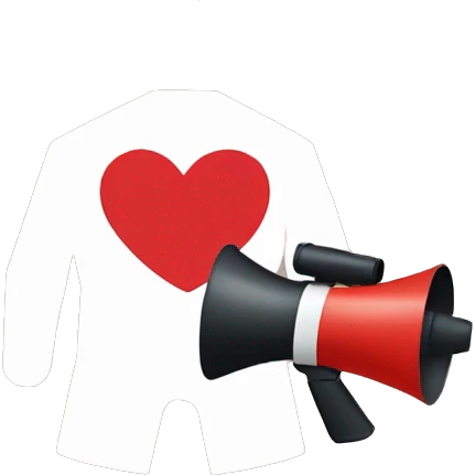 a heart and a megaphone behind a white man who has a moustache emoji