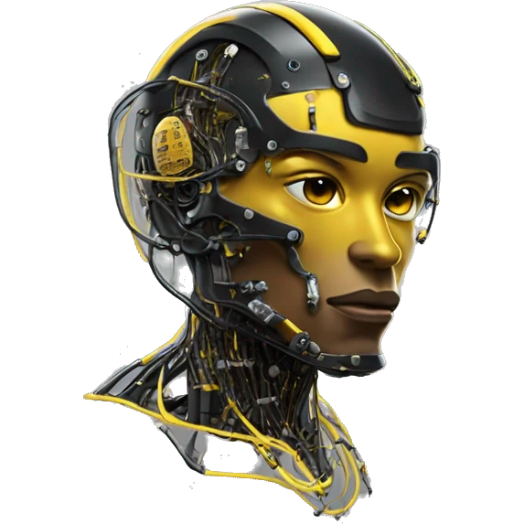 Black and yellow cyborg head with football helmet and circuits emoji