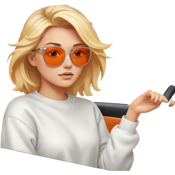 A cinematic realistic blonde in sunglasses, wearing a white sweatshirt, is driving an orange car, her hair is slightly blowing in the wind. emoji