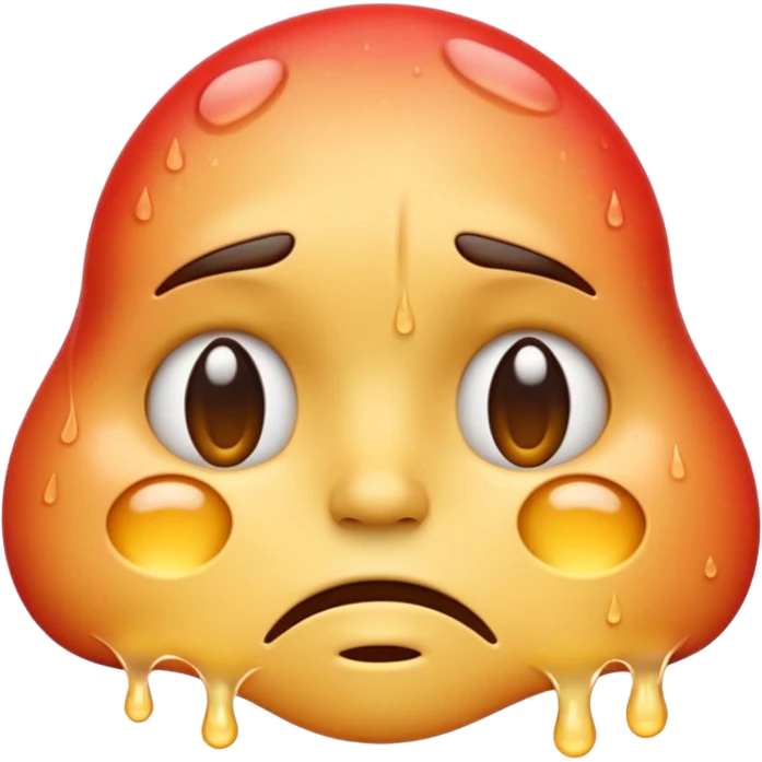 Apple-style emoji illustration of a melted, overheated face with sweat drops, expression annoyed, half-closed exhausted eyes, soft 3D emoji style, smooth gradients, rounded shapes, simple expression, centered composition. emoji