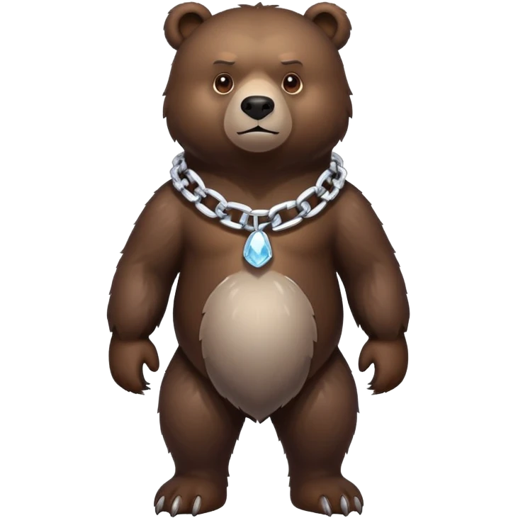 Very realistic dark brown bear standing on all four legs with intimidating gaze, wearing only a plain ice chain around its neck emoji