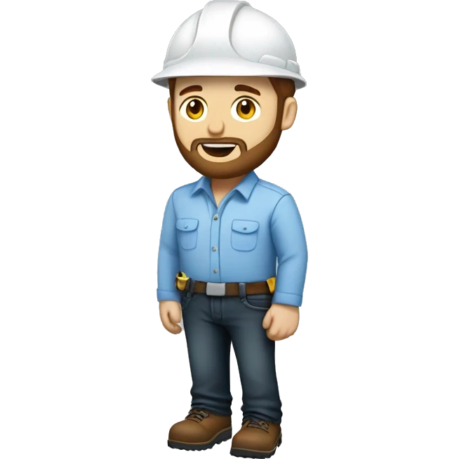 Mid white engineer wearing light blue blouse and black jeans and brown safety shoes and  white helmet and he has a slight beard  emoji