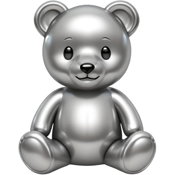 A cute teddy bear emoji made of liquid silver chrome, smooth rounded body, glossy metallic surface, soft reflections, friendly proportions, iOS emoji style, centered, clean white background emoji