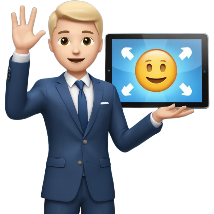 A stylized 3D emoji icon of a charismatic young male presenter on a stage, holding a tablet and gesturing enthusiastically towards a large screen behind him. The screen displays a glowing, futuristic Microsoft logo (the four squares) emoji
