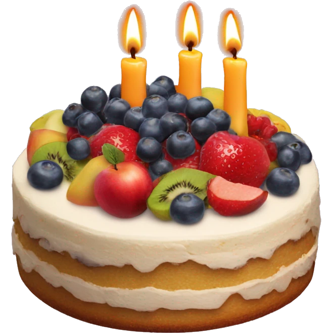 Cake with fruits and two candles in form of a 9 and a 5 emoji