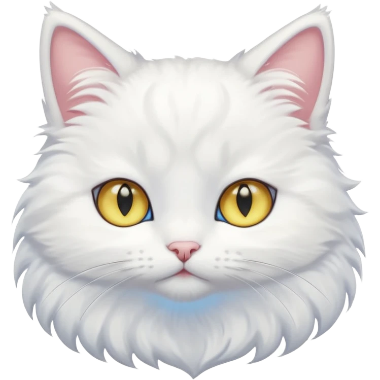 Make me a cute white fluffy cat anime style with one blue eye and one yellow eye, make the eyes big kawaii style emoji