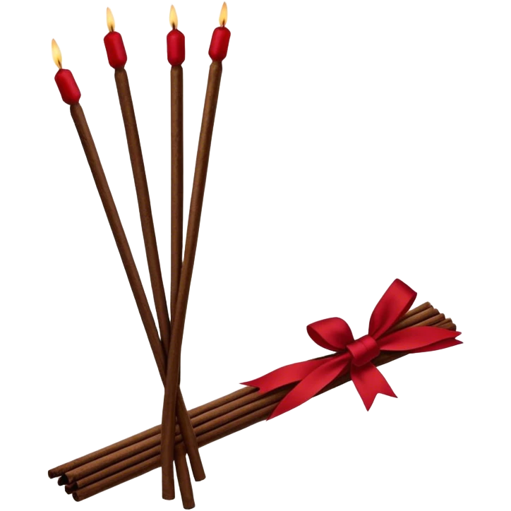 A bundle of incense sticks wrapped with a Persian red ribbon, exuding a vintage glamour aesthetic. The rich, deep red hue contrasts elegantly with the natural texture of the incense. Soft lighting enhances the luxurious and nostalgic feel of the composition. emoji