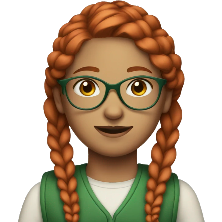 Girl with red hair in two braids. Blue eyes. Glasses and wearing a green vest  emoji