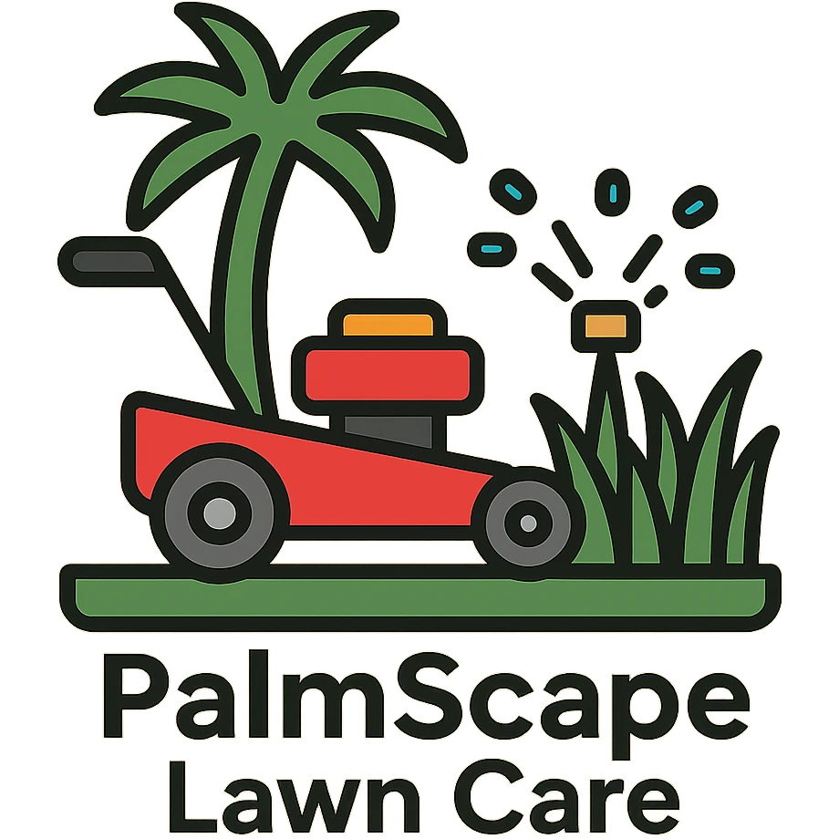 Add the company name text 'PalmScape Lawn Care' in a modern, simple font below the logo. emoji