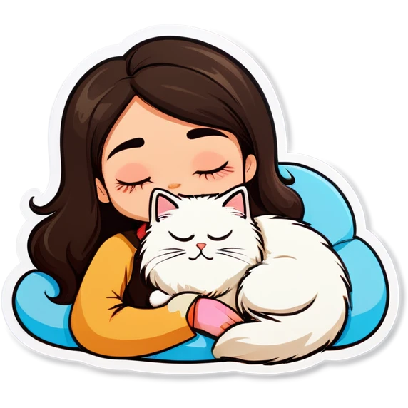 brunette tan girl sleeping with her Himalayan cat   emoji