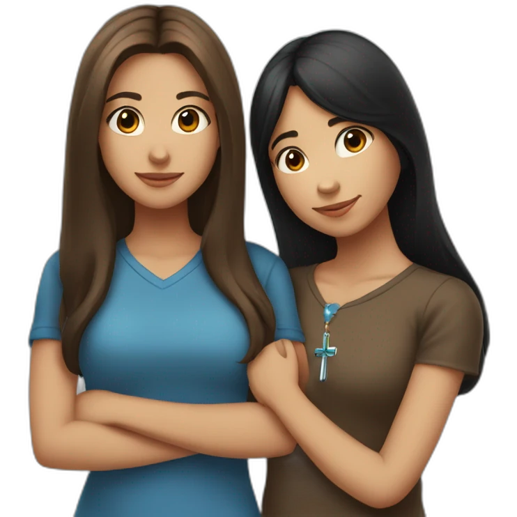 one girl with long brown hair wearing a cross necklace and one girl with medium black hair wearing a blue shirt hugging emoji