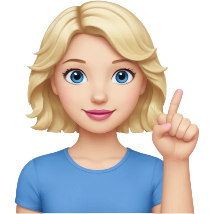 Girl Blonde short wavy hair,  blue eyes, cute blue top, long lashes, pink lips, smiling, fist bump emoji