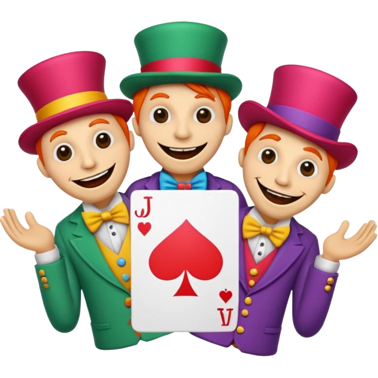 3 poker cards, with crazy colorful human jolly jokers inside, puppets in the hand emoji