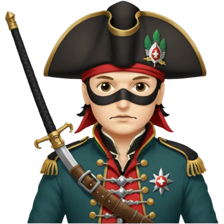 Adam Ant  painted with Indian war colors with black mask is wearing a Hungarian Hussar'S JACKET, holds two firelocks holsters in his hands emoji