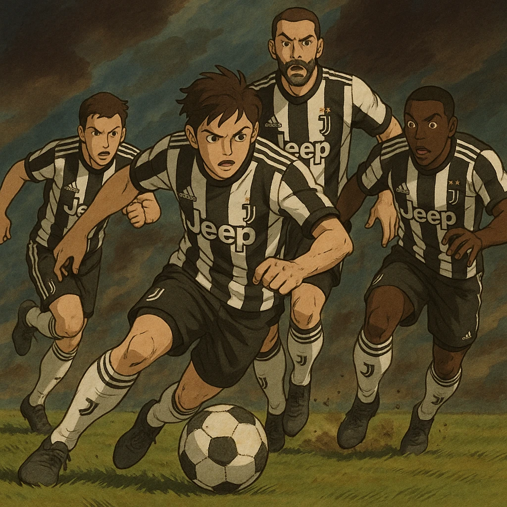 Juventus players in action, stylized and dramatic emoji