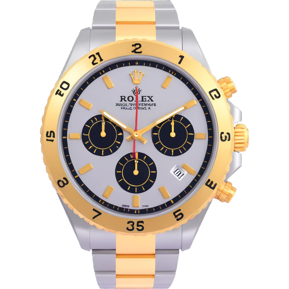 close-up of a Rolex watch face, 3D style, shiny, gold and silver, luxury details, no text emoji