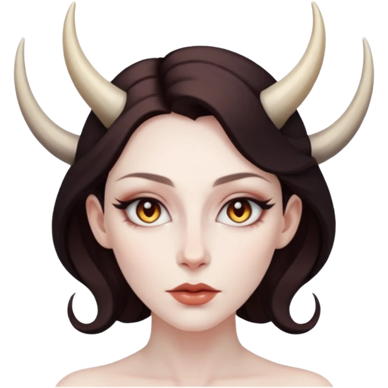Woman with subtle horns, smooth skin and sharp gaze, divine corruption emoji