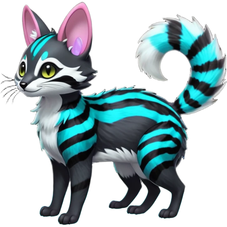 Fantasy abyssal pitch-Black-coated fur with glowing bioluminescent random colorful neon-markings divine beautiful elegant pretty precious cute young youthful  Fakémon-Pokémon-alien-opossum-feline-serval-caracal-chinchilla-Minccino-hybrid-creature with a big fluffy bushy striped tail (full body) emoji