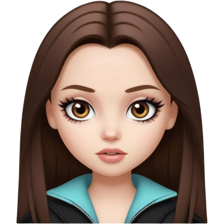 pale skin, girly bratz baddie, beautiful eyes, eyeliner, medium length straight brown hair emoji