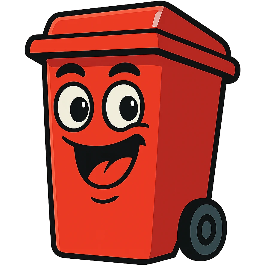 red trash bin, cartoon style, playful expression emoji