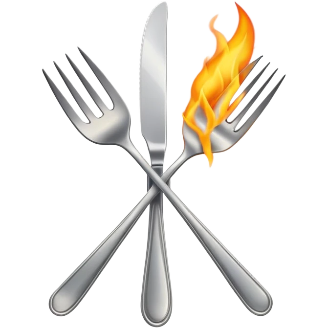 burning spoon fork and knife crossed together, kitchen utensils on fire with flames emoji