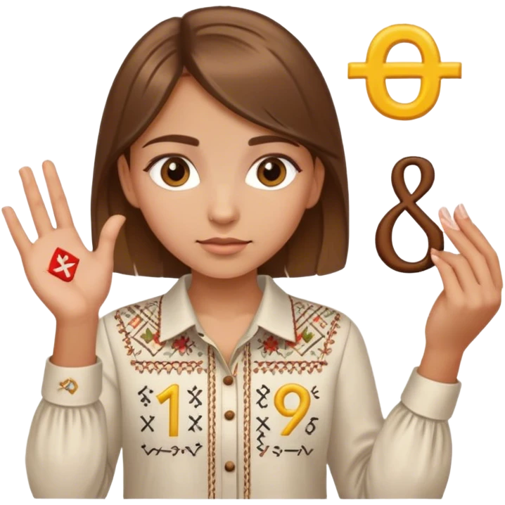 A Ukrainian girl with brown hair wearing an embroidered shirt holds mathematical symbols in her hand emoji