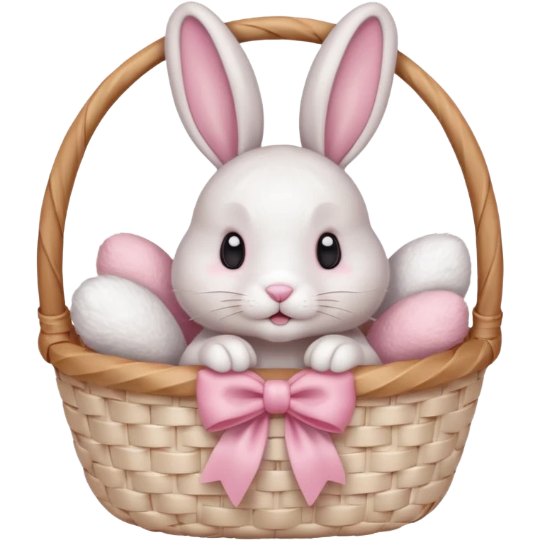 light pink bow on a beige white wooven basket. A bunny with its paws a bit out and sift white fur cute eyes emoji