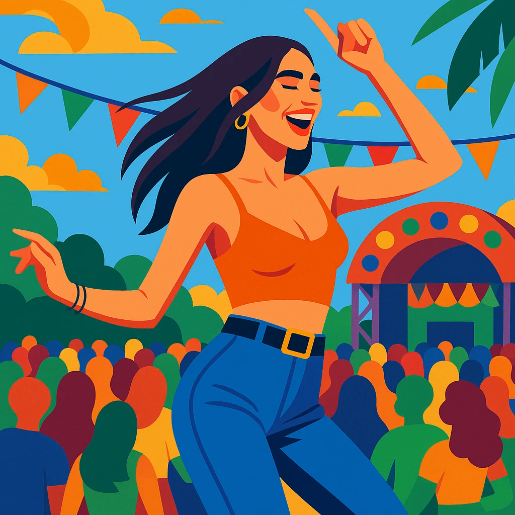 Dua Lipa dancing at a summer festival, energetic, colorful, outdoor scene emoji