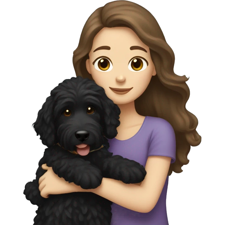 a white girl with long brown hair, hugging a black coated labradoodle. emoji