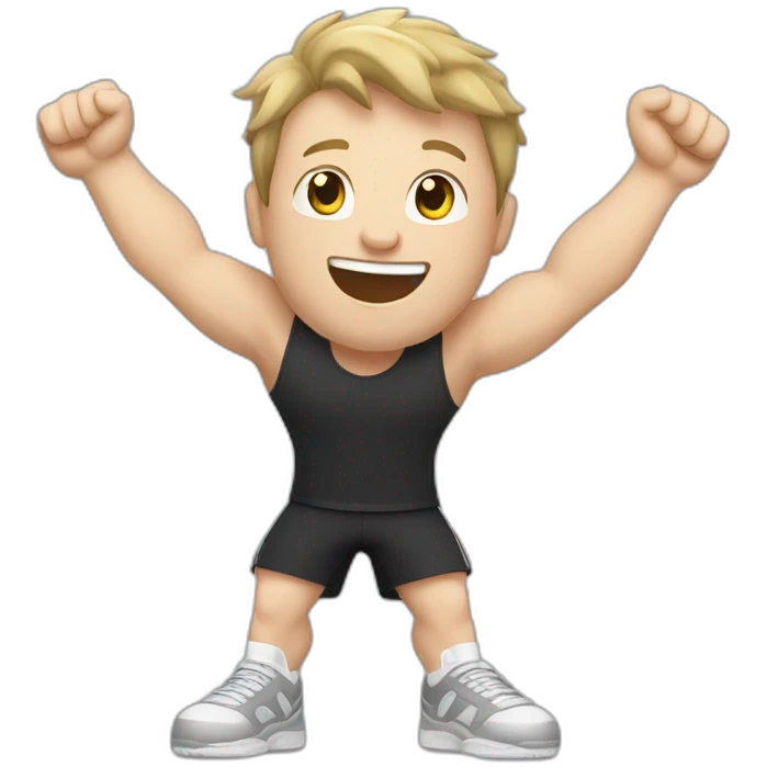 Joyful Celebrating victory Pale skinned Fit Man With the biceps and dark brown hair in black shirt, gray sports shorts and white Sneakers emoji