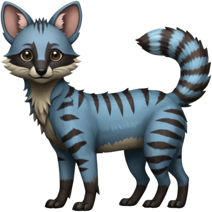Realistic edgy bluish greyish blackish whitish silvery coppery Shiny Colorful Dusky Dark Gloomy Glossy Aardwolf-Genet-Lion-Bobcat-fusion-animal-hybrid-creature, full body, tufted ears, long thin tufted tail emoji