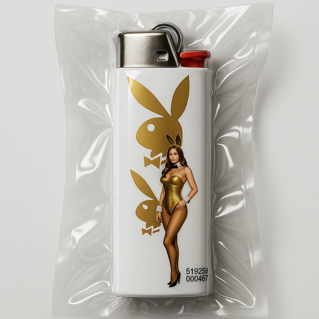white BIC lighter, shiny and inflated, with a gold Playboy Bunny logo and a model in a gold bunny suit emoji
