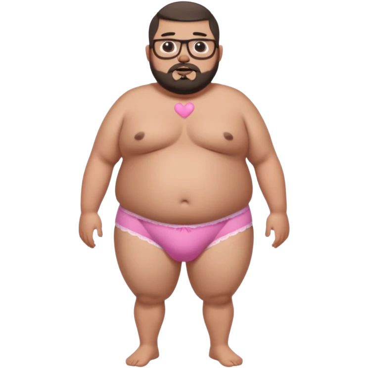 A full body standing, morbidly obese, fat, shirtless mexican guy in his pink and white heart underwear with a buzzcut, a beard, and glasses thats drooling emoji
