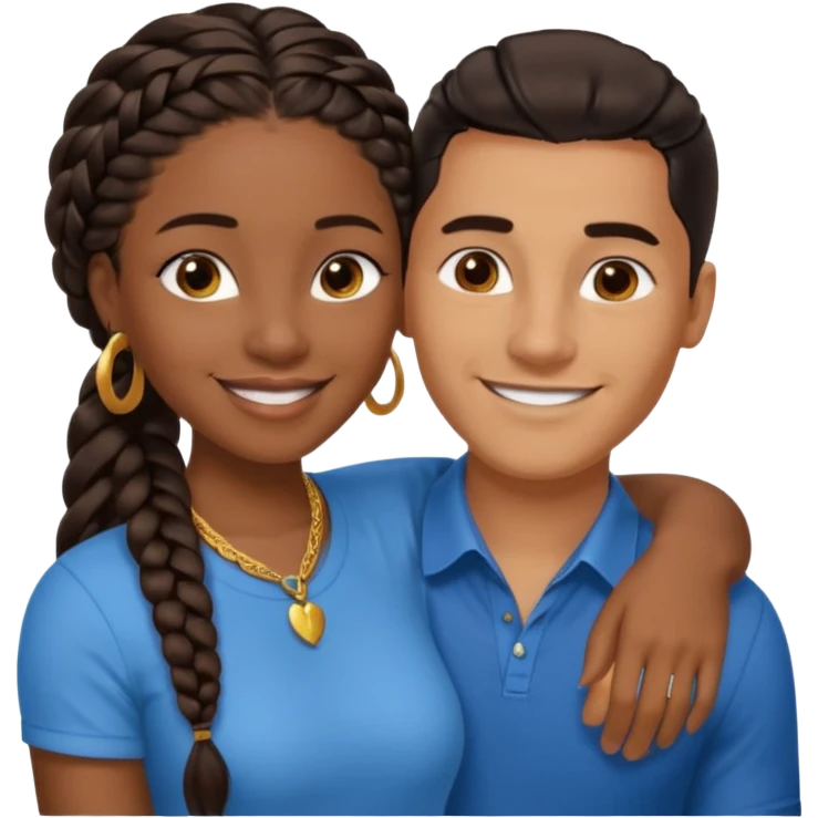 smiling embracing interracial couple. dark ebony woman with long braided hair and jewelry. brazillian man short hair wearing blue. emoji