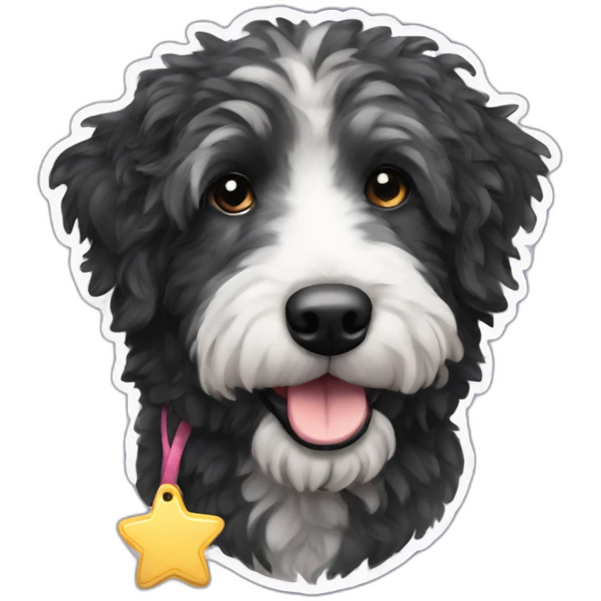 mostly black aussie doodle with a star-shaped tag emoji