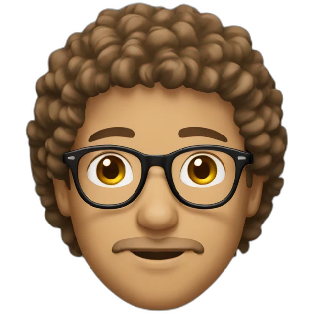 A guy with black round glasses, brown eyes, a small brown beard, curly brown hair, light skin in a black sweatshirt emoji