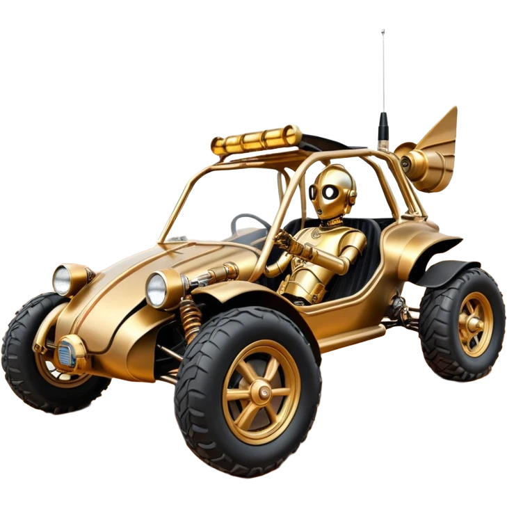  tarnished neon underglow C-3PO ghost buster 1964 delicately ornate rosegold wood accents painted dune buggy buckboard powered by electric motors and batteries with racing safety belts while flying rapidly roughening terrain stable on strong agile advanced suspension and steering emoji
