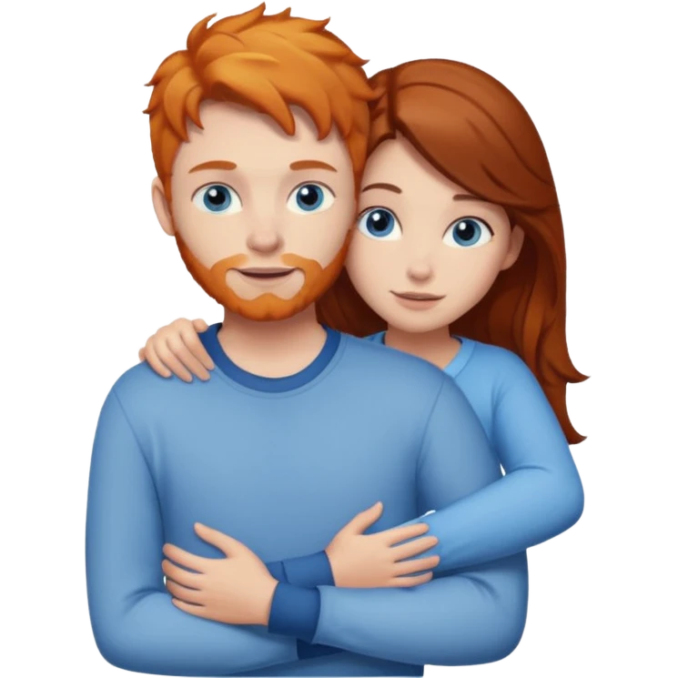 Ginger boy hugging brunette girl. Both have blue eyes.  emoji