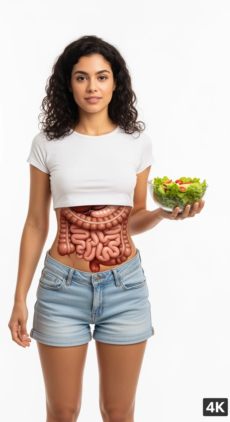 DONNA CON INTESTINO ANATOMICO IN EVIDENZA E BOWL DI INSALATA IN MANO, iperrealistico 4k, ISOLATA SU SFONDO BIANCO emoji