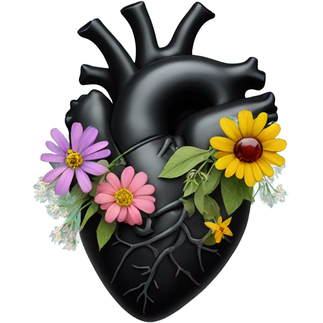 black anatomical heart with wildflowers emoji